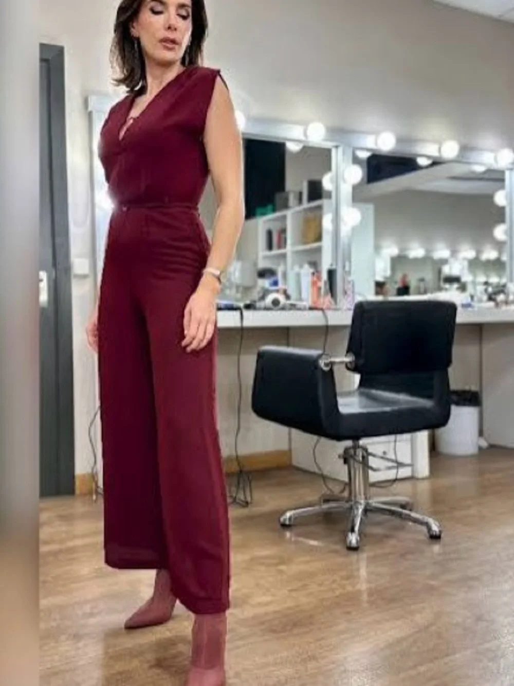 Zara Wide-Leg Belted Jumpsuit Maroon Size Small Elegant V-Neck Wide Leg - Picture 7 of 16